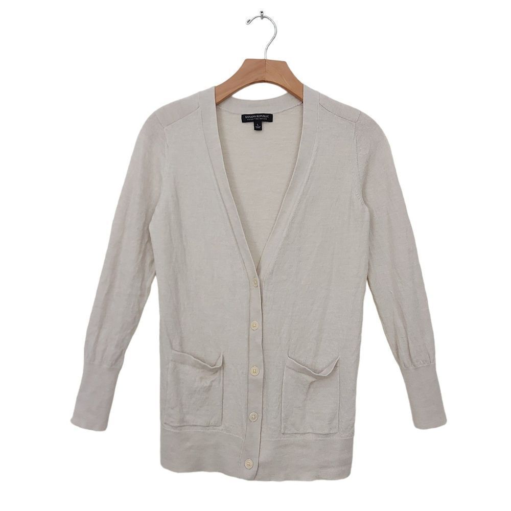 Banana Republic Merino Wool Sweater Womens Beige Large Button Up Knit V-Neck